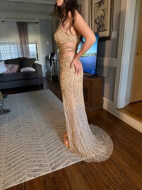 Sherri Hill Gold Sequin Fitted Evening Gown